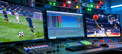 多屏幕显示不同足球篮球比赛直播画面的控制室场景